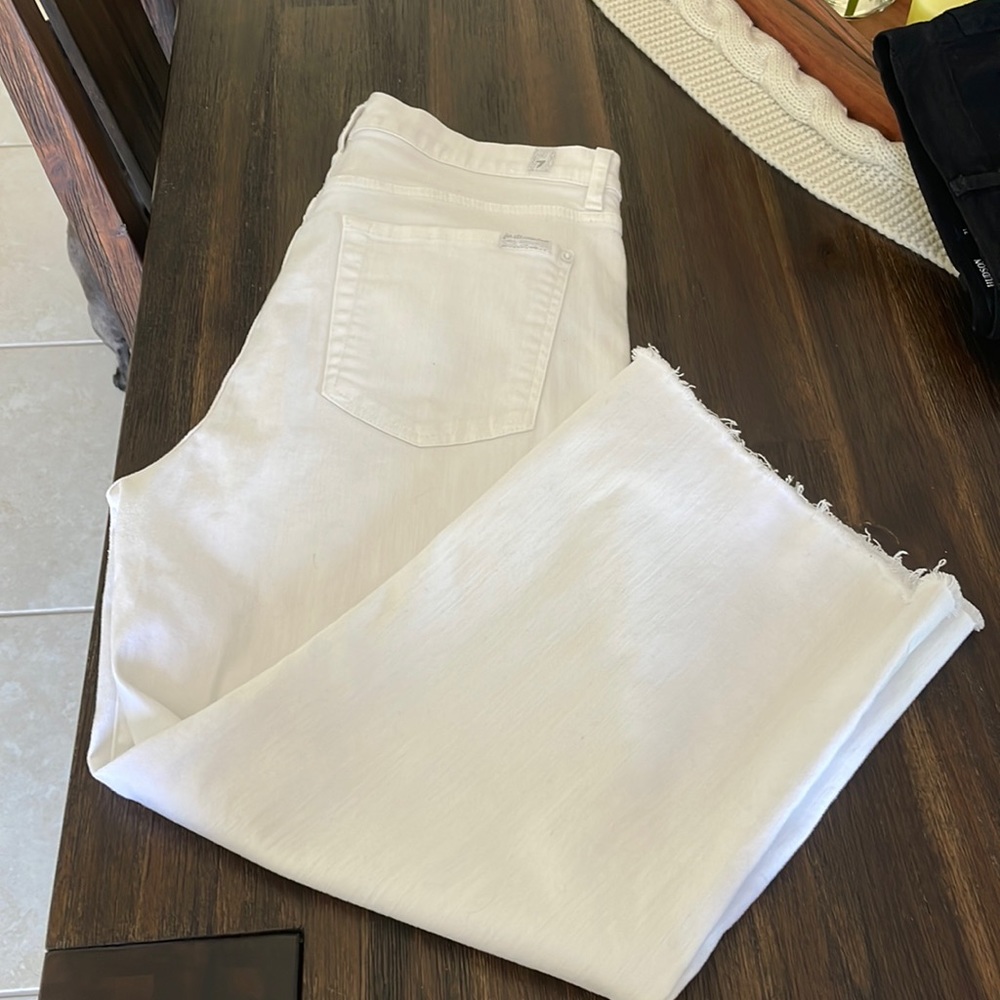 7 For All Mankind White Cropped Raw Hem Jeans